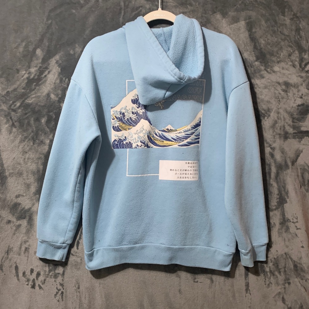 Shein Hoodie Small The Great Wave Off Kanagawa Light Blue Japanese Graphic Flaw
